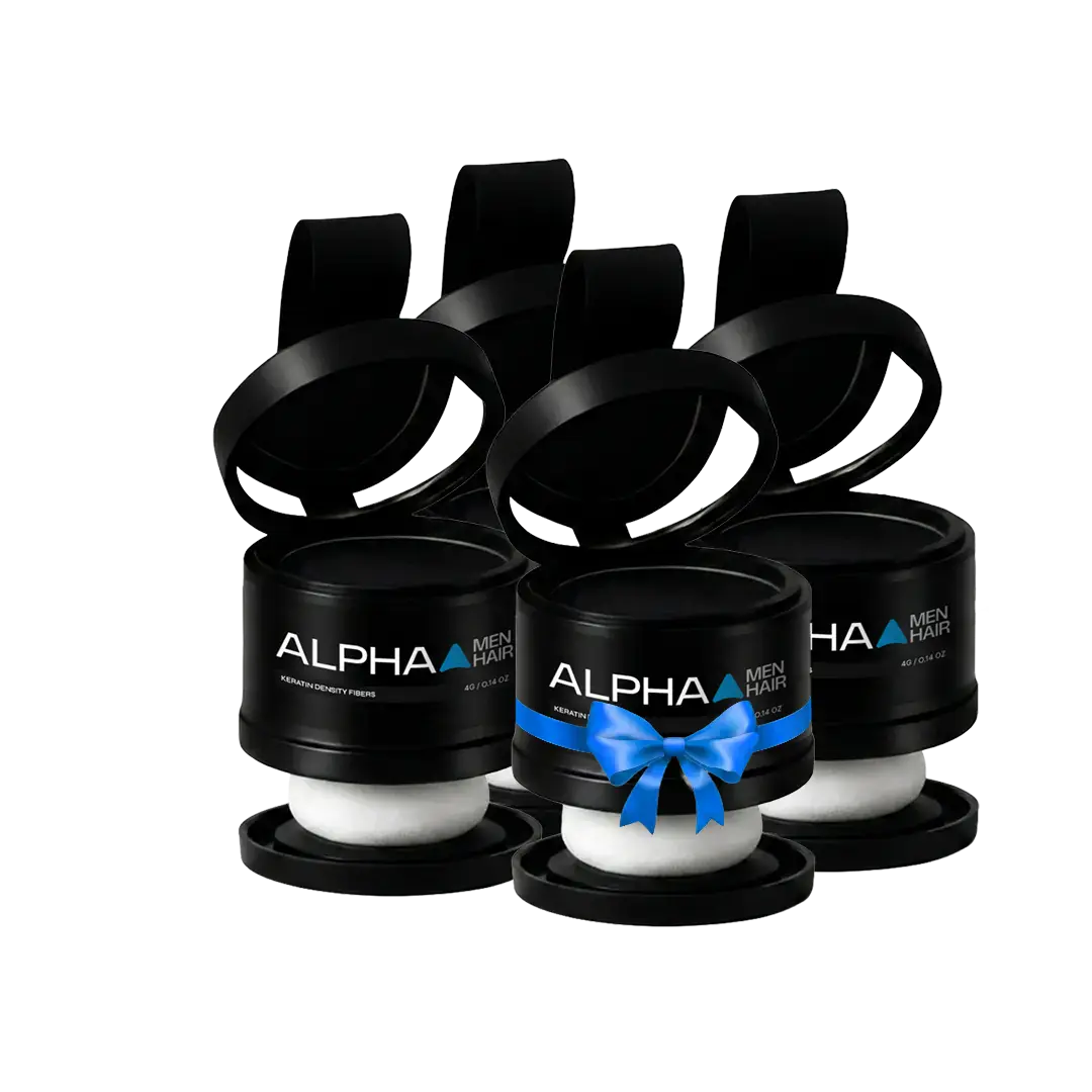 Alpha Men Hair natural keratin formula. safe and sweat-proof hair building fibers