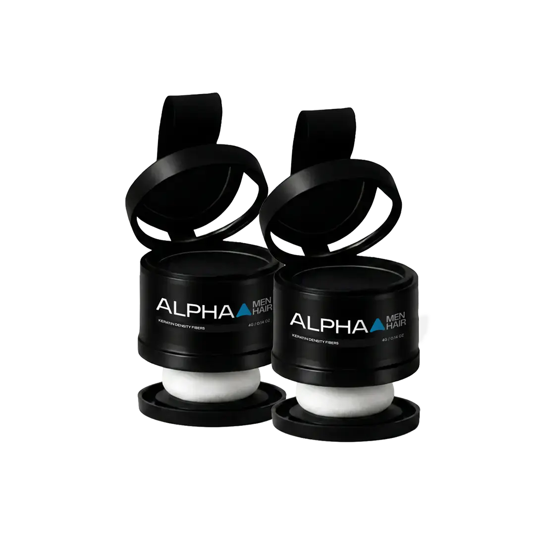 Alpha Men Hair natural keratin formula. safe and sweat-proof hair building fibers