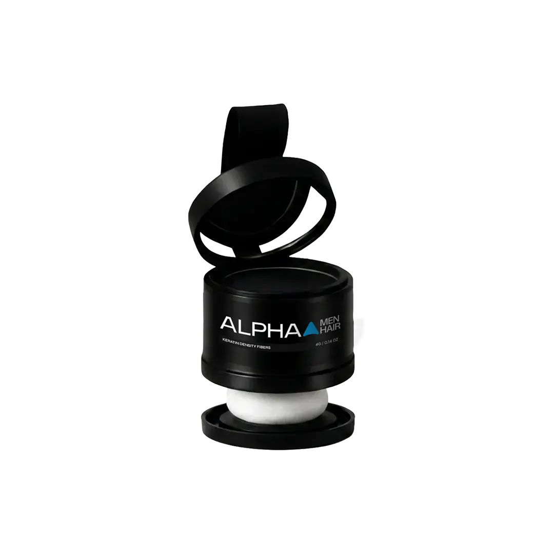 Alpha Men Hair natural keratin formula. safe and sweat-proof hair building fibers