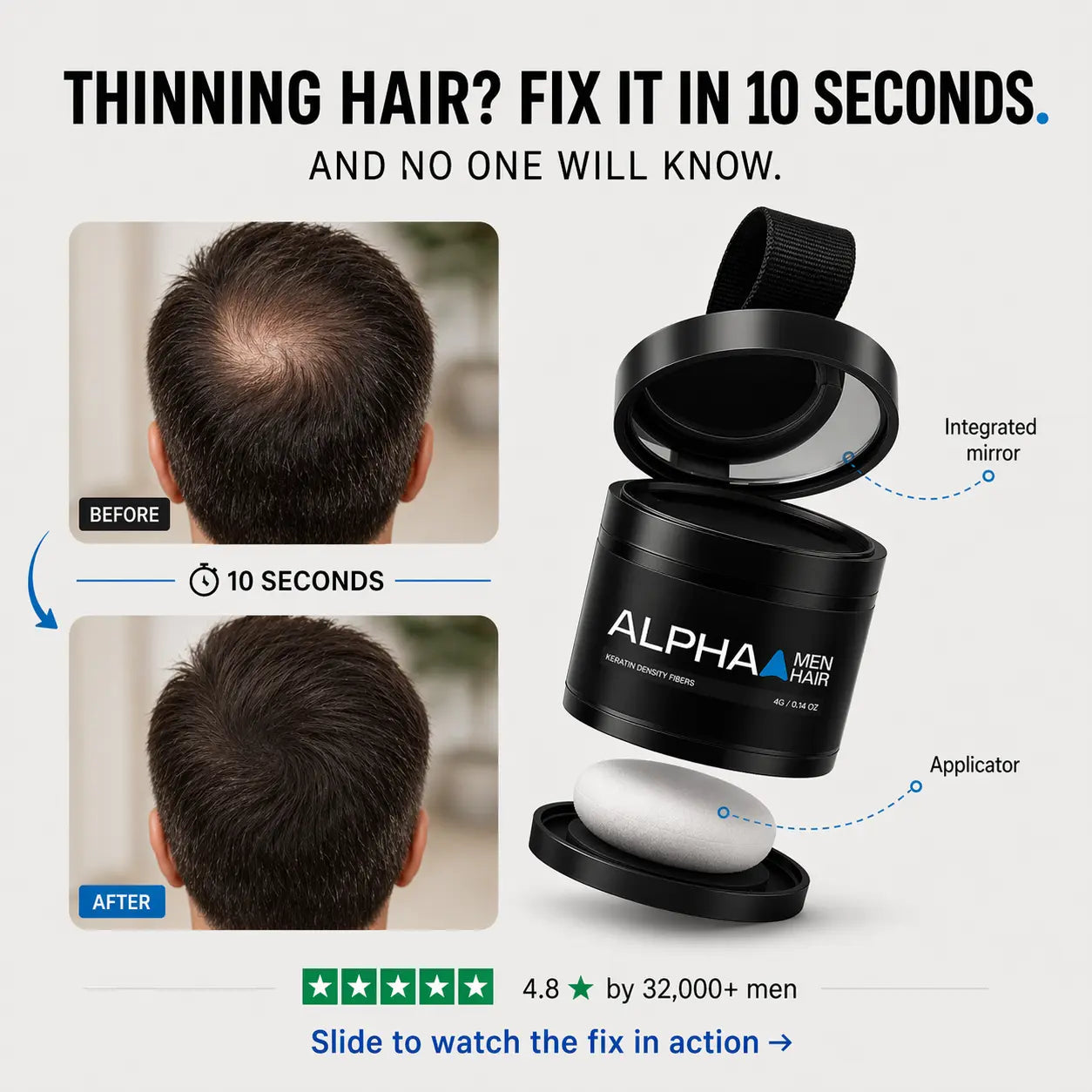 Alpha Men Hair keratin hair fibers. instant coverage for thinning hair, premium men's grooming