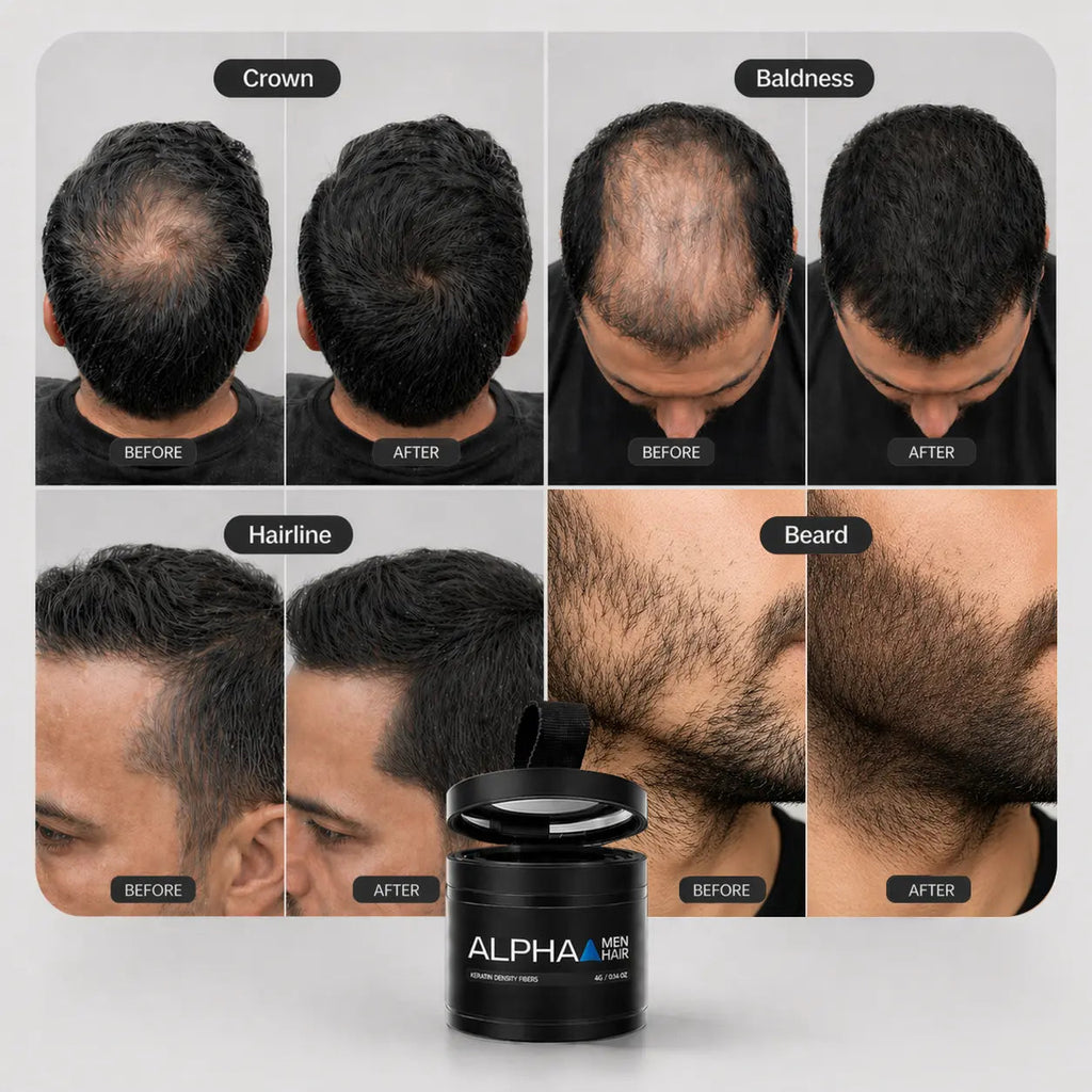 Alpha Men Hair. premium keratin hair building fibers for men with thinning hair
