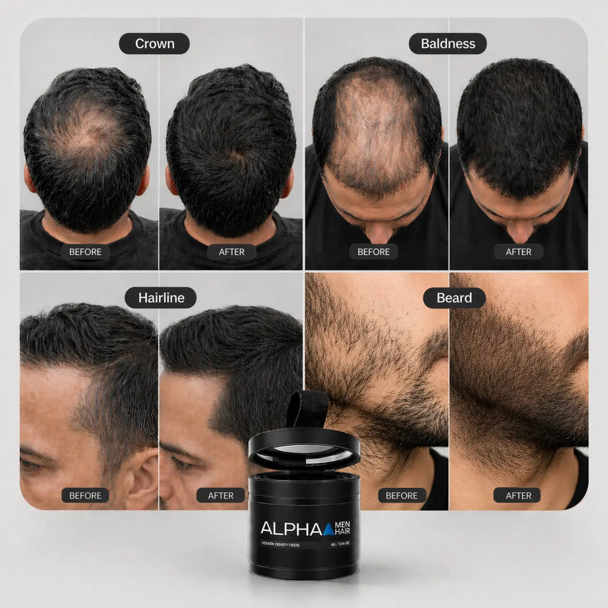Alpha Men Hair. premium keratin hair building fibers for men with thinning hair