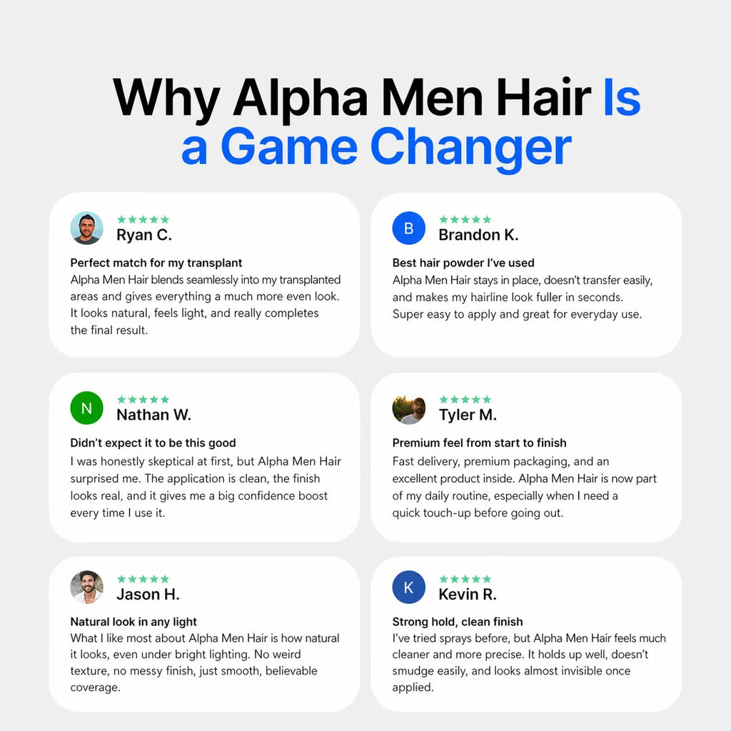 Alpha Men Hair. premium keratin hair building fibers for men with thinning hair